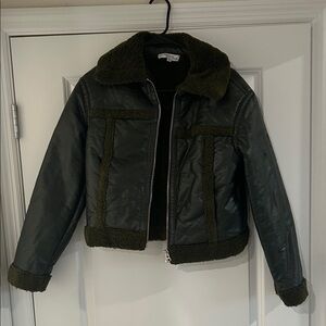 Peter Som Dark Green Faux Leather with Sherpa Trim Jacket